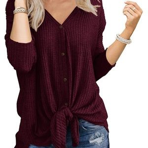 Womens Tie Knot Henley Tops Loose Fitting Shirt
